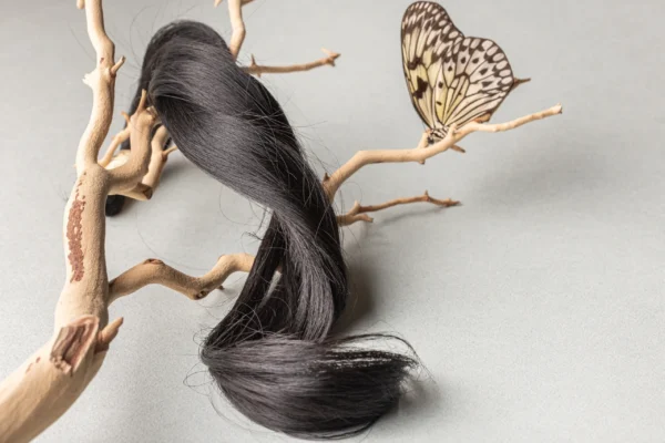A black hair with long ends and a butterfly on the other side of it.