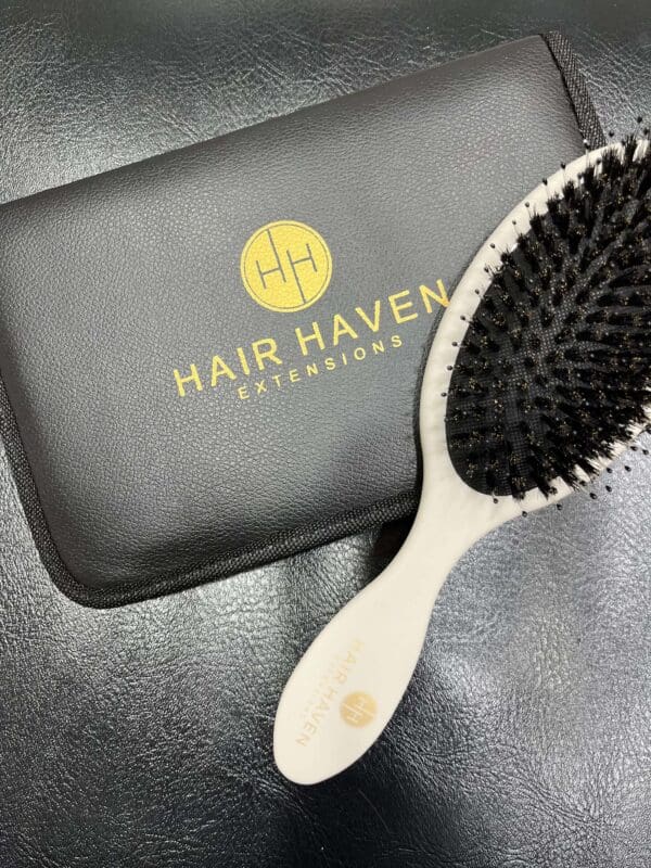 A hair brush sitting next to a case.