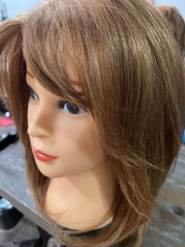 A mannequin head with long hair and bangs.